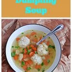 Pin Image: Text, A big bowl of Chicken and Dumpling soup with three big dumplings in it and a spoon.