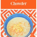 Pin Image: Text title, a bowl of Clam Chowder with oyster crackers on top.