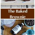 Pin Image: A white platter with two brownies on it, text title, a cutting board with a cup of flour, a bowl of chocolate chips, a bottle of vanilla, a cup of sugar, a cup of brown sugar, 3 eggs, and a stick of butter on it.