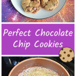 Pin Image: A plate stacked with chocolate chip cookies, text, a skillet of browning butter.