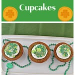 Pin Image: Text title, a platter of three green velvet cupcakes.