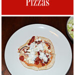 Pin Image: Text, A plate with a pita pizza topped with tomatoes, cheese, and Tzatziki on it.