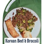 Pin Image: A plate of beef and broccoli, egg roll, and wonton, text title.