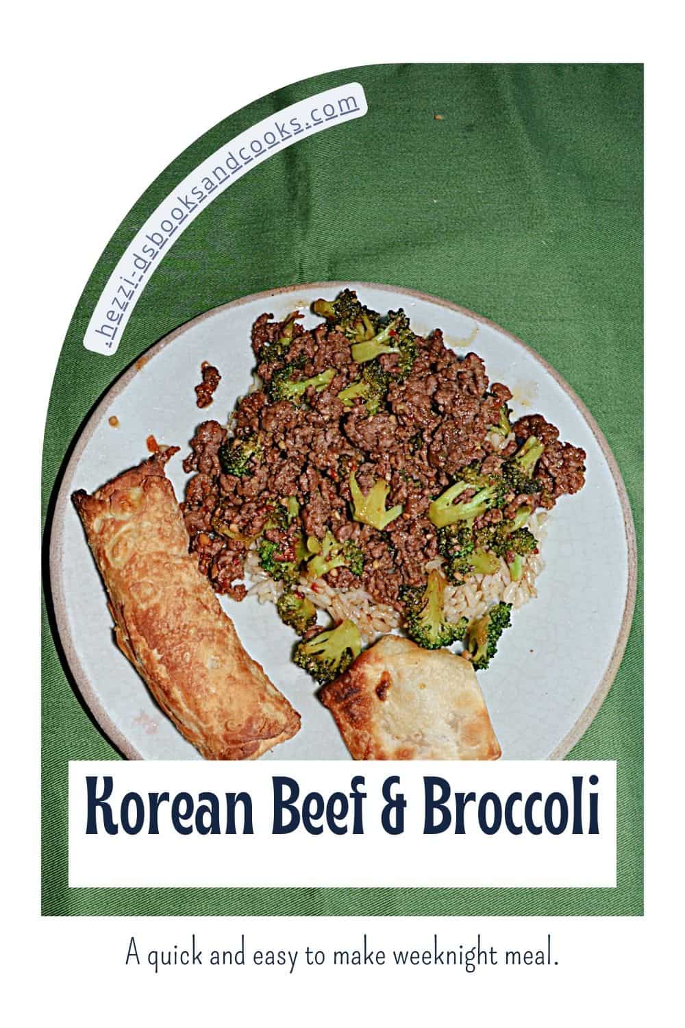 Pin Image:   A plate of beef and broccoli, egg roll, and wonton, text title. 