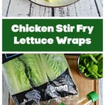 Pin Image: A plate with two lettuce wraps filled with chicken , peppers, and onions with an egg roll on the plate, text title, cutting board with a bag of romaine lettuce, a bottle of soy sauce, a package of chicken, a bell pepper, and an onion.