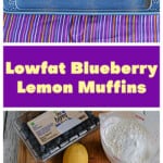 Pin image: A platter with 3 blueberry muffins on it, text title, a cutting board with the ingredients for making the muffins on it.