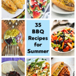 Pin Image Collage: a plate with two ears of corn, a platter with grilled watermelon wedges, a plate with a hot dog topped with sauerkraut, a bowl of fruit salad, text title, a bowl of Mexican pasta salad, a burger with blueberry bbq sauce, a bowl of caprese salad,