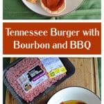 Pin Images: A top view of a burger with caramelized onions on top, a bun with BBQ sauce, tater tots, and mixed vegetables, text title, Ingredients on a cutting board.