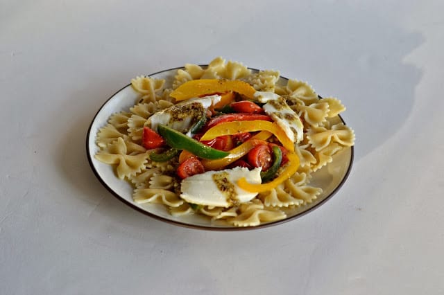 Colored peppers, frest tomatoes, and mozzarella pasta with Basil Garlic Butter from Hezzi-D's Books and Cooks