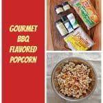 Pin Image: Text overlay, a cutting board topped with brown sugar, a bag of popcorn kernels, bottles of garlic powder, salt, paprika, chili powder, and onion powder, and a silver bowl filled with popcorn ssprinkled with red BBQ seasoning on it on a white background.