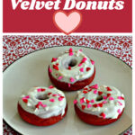 Pin Image: Text, a plate with three red velvet donuts topped with cream cheese frosting and pink and red sprinkles.