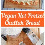 Pin Image: Two baked Vegan Challah braided breads, text title, all of the ingredients to make the bread.