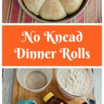 Pin Image: A pan of golden brown dinner rolls, text title, a cutting board of ingredients.