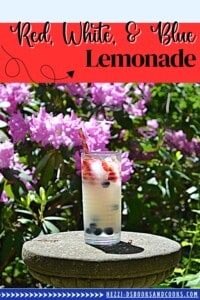 Pin Image: Text title, A glass of lemonade with berries in it and flowers behind it.