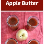 Pin Image: Text Title, four jars of apple butter with an apple in the middle.