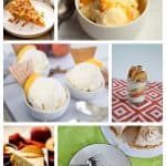 Pin Image: A plate of peach pie, a bowl of peach ice cream, bowls of creamy peach ice cream, a mason jar filled with peach shortcake, a brown sugar peach cake witha slice taken out, and a slice of peach cheesecake.