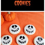 Pin Image: Text title, Jack Skellington Cookies and pumpkins.