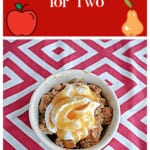 Pin Image: Text title, a bowl of apple pear crisp with whipped cream on top.