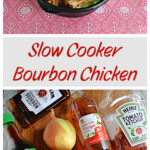 Pin Image: A bowl of bourbon chicken and peppers with chopsticks on the bowl, text title, a cutting board with a bottle of bourbon, a bottle of soy sauce, an onion, a pepper, a bottle of vinegar, a bottle of ketchup, and a packet of chicken on it.