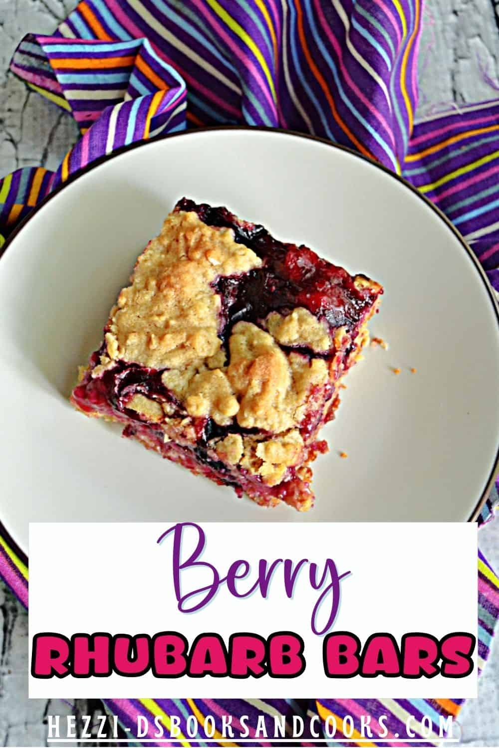Pin Image: A plate with a berry rhubarb bar on it, text title