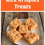 Pin Image: Text title, a plate of candy corn rice krispies treats.
