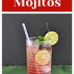 Pin Image: Text title, A glass of cherry mojito with a straw, lime wedge, and cherry on the side.
