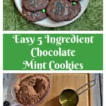 Pin Image: A plate of chocolate cookies with green M&M's, text title, a cutting board with the ingredients on the cutting board.