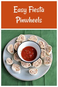 Pin Image: Text title, a plate of pinwheel appetizers and a bowl of salsa in the middle.