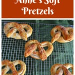Pin Image: Text title, five golden brown soft pretzels on a tray.