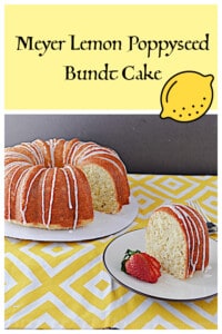 Pin Image: Text title, a front view of a slice of lemon cake with the Bundt cake behind it on a platter.