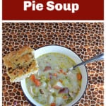 Pin Image: Text title, a bowl of soup with a piece of bread on the side.