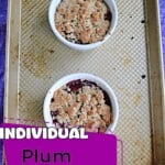 Pin Image: Two ramekins of plum crisp, text title.