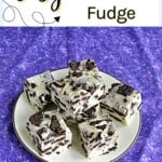 Pin Image: Text title, a plate of OREO Fudge squares.