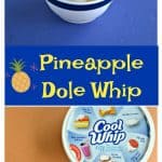 Pin Image: Three Scoops of Ice Cream in a white bowl, text overlay, an orange background with a container of Cool Whip and a dish of pineapple.