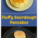 Pin Image: A stack of pancakes on a plate topped with a pat of butter and a bowl of fresh fruit, text overlay, a skillet with two pancakes cooking in it.