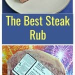 Pin Image: A plate with an ear of corn on the cob with a large piece of steak in front of it that hass grill marks on the top and a pink center sitting on a plate on a blue background, text overlay, a large ribeye vaccum sealed sitting on a red, yellow, blue, and purple fireworks background.