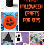Pin Collage: A toilet paper bat, a paper plate pumpkin, a paper plate witch, popsicle stick ghosts, popsicle stick monsters, text title.