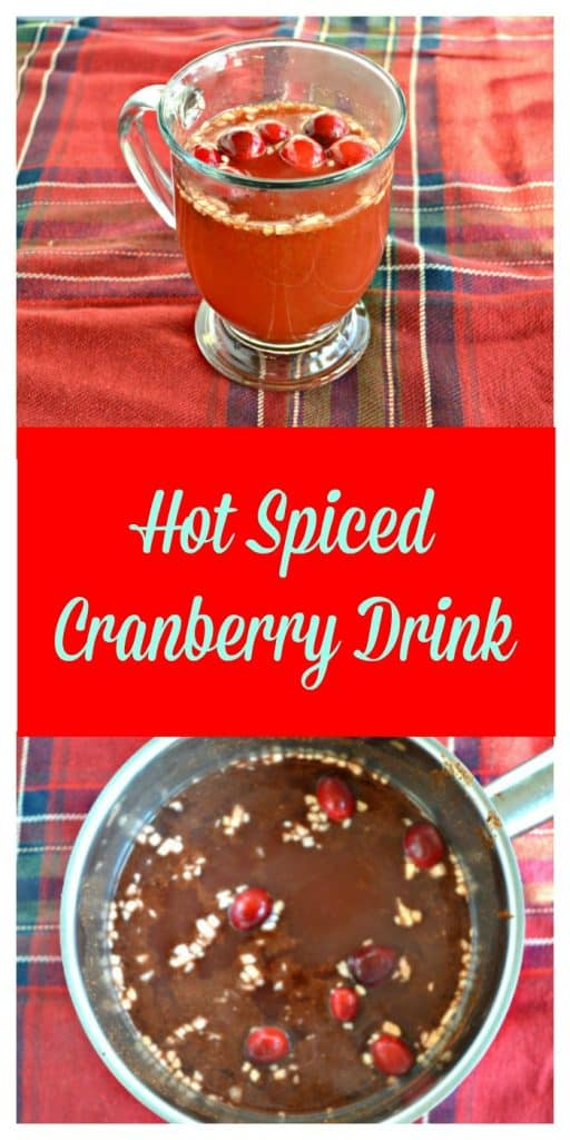 Pin Image: A clear mug filled with red liquid and cranberries floating on top on a red and green plaid tablecloth, text overlay, a silver saucepan with red liquid in it speckled with pieces of ginger and fresh cranberries.