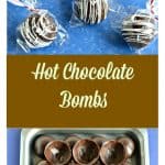 Pin Image: A tin filled with chocolate bombs with three wrapped chocolate spheres drizzled with white chocolate, wrapped in a plastic baggie, and tied with a red and white ribbon in the front, text overlay, a sheet pan filled with chocolate spheres.