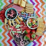 A colorful pastel dessert board filled with candies, cookies, fruits, and quick breads in Easter colors.