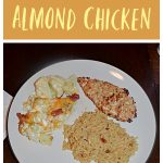 Pinterest Image: Text, A plate topped with a crispy almond coated chicken breast, a pile of rice, and loaded cauliflower