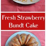 Pin Image: A slice of strawberry Bundt cake on a plate drizzled with caramel and two forks, text, A Bundt Cake