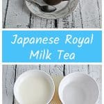 Pin Image: A cup of Royal Milk Tea on a saucer with a spoon next to it, text, a cutting board with a cup of water, a cup of milk, a teaspoon of sugar, and a spoonful of black tea.