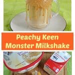 Pin Image: A milkshake sitting in a glass with a thick caramel rim them topped with a graham cracker, a slice of cake, and two straws, text, a cutting board with a tub of ice cream, a pint of heavy cream, a jar of caramel sauce, peaches, a slice of cake, and a pack of graham crackers.