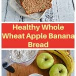 Pin Image: A platter with a close up of three slices of apple banana bread and the rest of the loaf with 2 apples in the background, text, a cutting board with apples, a bowl of spices, a cup of yogurt, an egg, a cup of flour, and a cup of brown sugar.
