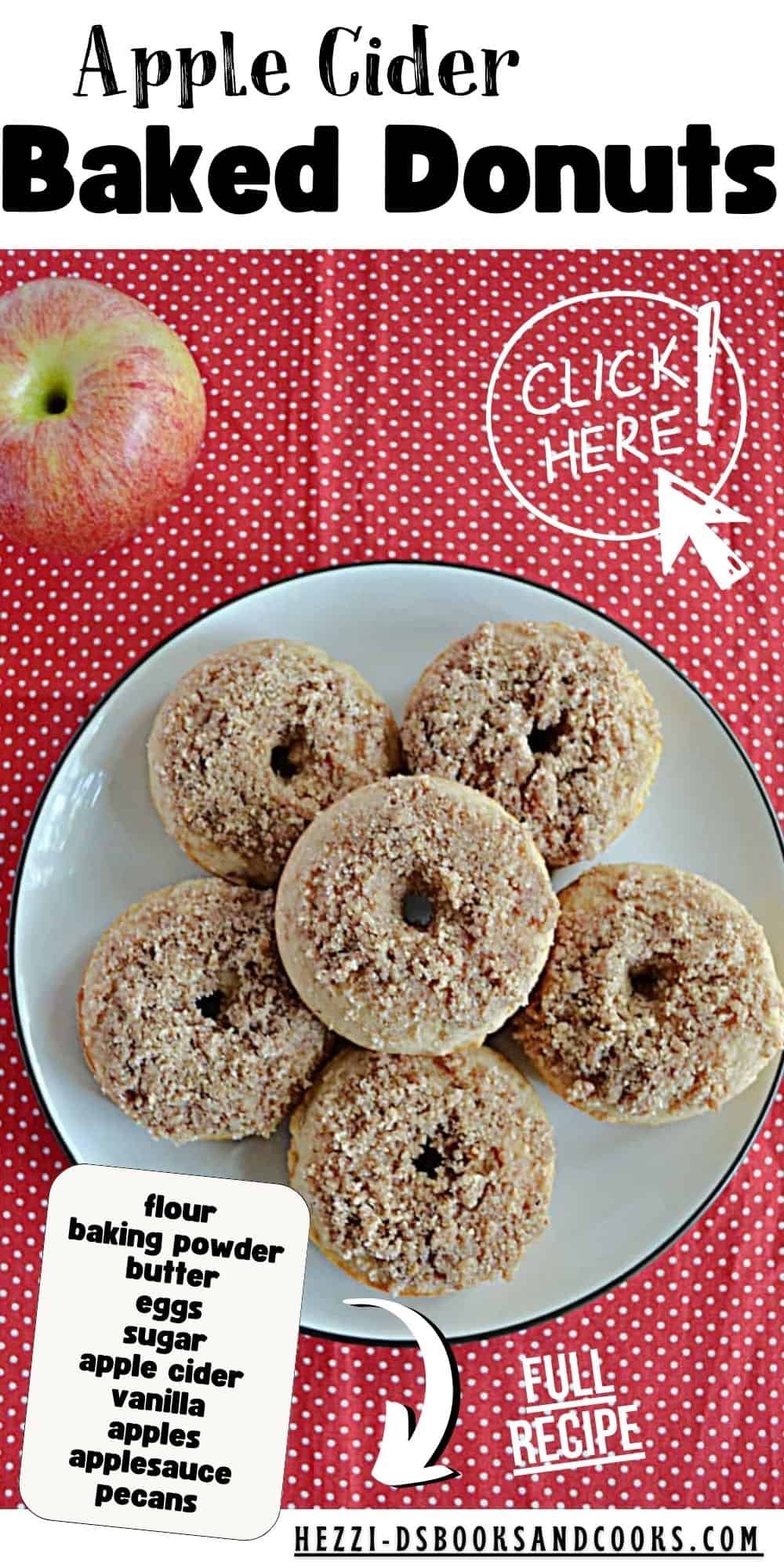 Pin Image: A plate of apple cider donuts, a list of ingredients.