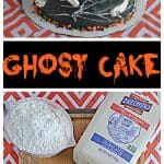 Pin Image: A black cake covered in marshmallow spiderwebs and swirled buttercream ghosts on top, text, a cutting board with a bag of sugar, a cup of flour, a cup of milk, 3 sticks of butter, and a half dozen eggs on it.