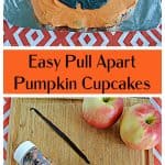 Pin Image: A large pull apart Pumpkin Cupcakes with black jack-o-lantern face, text, a cutting board with 2 apples, a vanilla bean, sprinkles, and a box of cake mix.