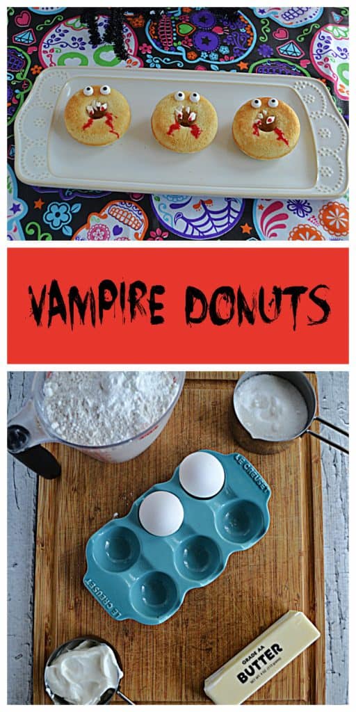 A platter with three vanilla donuts that look like vampires, text, a cutting board with a cup of flour, 2 eggs, a cup of milk, and butter.