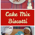 Pin Image: A plate with five chocolate biscotti drizzled with white chocolate and covered in sprinkles, text, a cutting board with a cup of flour, a cup of pecans, 2 eggs, a stick of butter, and a box of cake mix on it.